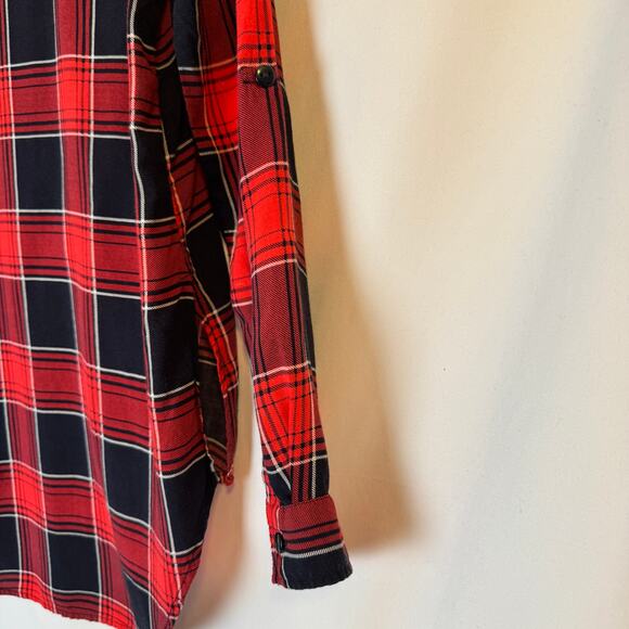 Love Notes Plaid Red Black White Tab Sleeve Shirt Size Small - Picture 5 of 11